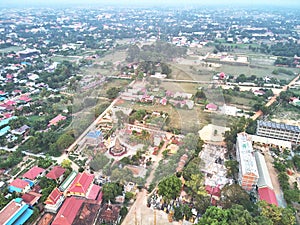 Aerial drone view of a traditionnal cambodian temple