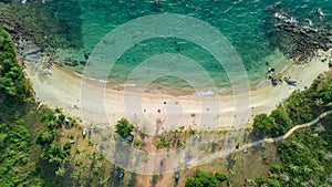 Aerial drone view of tropical beach from above, sea, sand and palm trees island beach landscape, Thailand