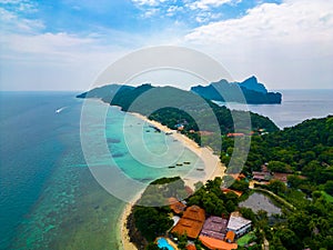 Aerial drone view of tropical beach at Ko Phi Phi islands, Thailand