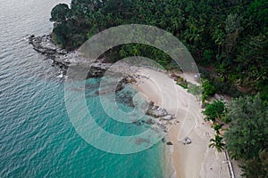 Aerial drone view of tropical empty Surin Beach in Phuket