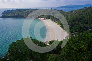 Aerial drone view of tropical empty Surin Beach in Phuket