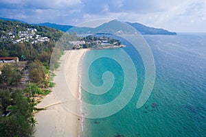 Aerial drone view of tropical empty Surin Beach in Phuket