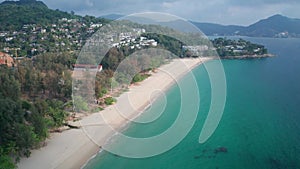 Aerial drone view of tropical empty Surin Beach in Phuket