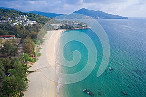 Aerial drone view of tropical empty Surin Beach in Phuket photo