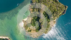 Aerial drone view of tropical islands, beaches and boats in blue clear Andaman sea water from above, beautiful archipelago islands