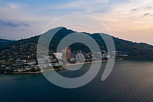 Aerial drone view of tropical Kamala Beach area and Andaman Sea in Phuket