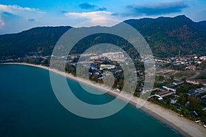 Aerial drone view of tropical Kamala Beach area and Andaman Sea in Phuket