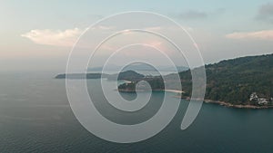 Aerial drone view of tropical Kamala Beach area and Andaman Sea in Phuket