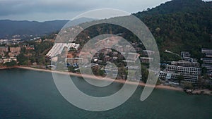 Aerial drone view of tropical Kamala Beach area in Phuket during early evening