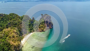 Aerial drone view of tropical Koh Hong island in blue clear Andaman sea water from above, beautiful archipelago islands photo