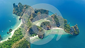 Aerial drone view of tropical Koh Hong island in blue clear Andaman sea water from above, beautiful archipelago islands photo