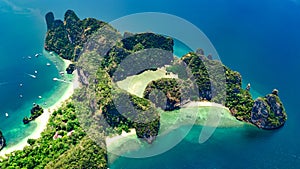Aerial drone view of tropical Koh Hong island in blue clear Andaman sea water from above, beautiful archipelago islands, Thailand