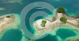 Aerial drone view of Turquoise lagoon surface on Britania Group of Islands.