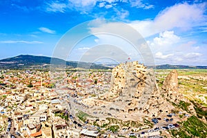 Aerial drone view of Uchisar Castle in Cappadocia, Turkey