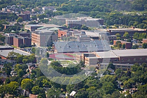 Aerial drone view of the University of Wisconsin seen from Grandad Bluff in La Crosse