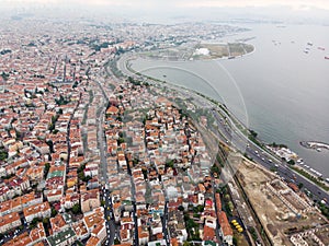 Aerial Drone View of Unplanned Urbanization Istanbul City with Apartment Buildings Yenikapi Samatya in Turkey.