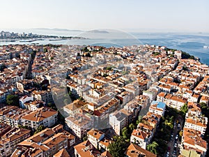 Aerial Drone View of Unplanned Urbanization Istanbul Kadikoy Moda Seaside.