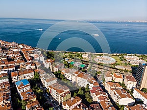 Aerial Drone View of Unplanned Urbanization Istanbul Kadikoy Moda Seaside.