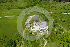 Aerial drone view of Valeni reformed church, Transylvania, Romania