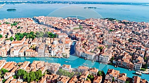 Aerial drone view of Venice city Grand Canal, island cityscape and Venetian lagoon from above, Italy