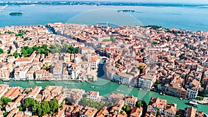 Aerial drone view of Venice city Grand Canal, island cityscape and Venetian lagoon from above, Italy