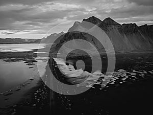 Aerial drone view of Vestrahorn mountain