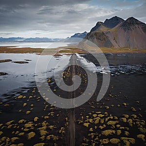 Aerial drone view of Vestrahorn mountain