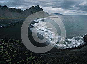 Aerial drone view of Vestrahorn at Stokksnes