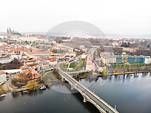 Aerial drone view Vltava river Architecture of the ancient European city of Prague