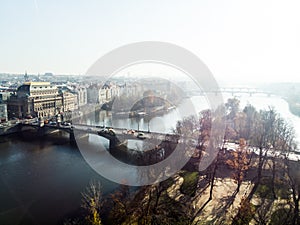 Aerial drone view Vltava river Architecture of the ancient European city of Prague