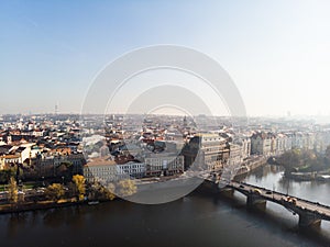 Aerial drone view Vltava river Architecture of the ancient European city of Prague