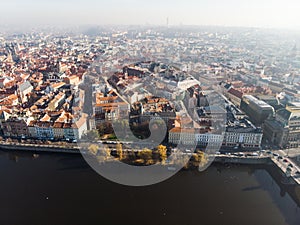 Aerial drone view Vltava river Architecture of the ancient European city of Prague