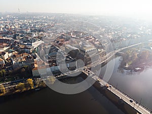 Aerial drone view Vltava river Architecture of the ancient European city of Prague