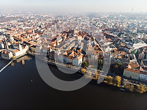 Aerial drone view Vltava river Architecture of the ancient European city of Prague
