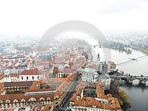Aerial drone view Vltava river Architecture of the ancient European city of Prague