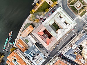 Aerial drone view Vltava river Architecture of the ancient European city of Prague