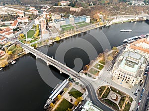 Aerial drone view Vltava river Architecture of the ancient European city of Prague