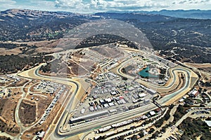 Aerial drone view of WeatherTech Raceway Laguna Seca in California, USA.