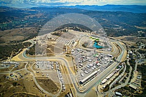 Aerial drone view of WeatherTech Raceway Laguna Seca in California, USA.