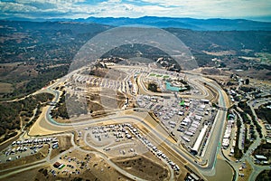 Aerial drone view of WeatherTech Raceway Laguna Seca in California, USA.