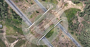 Aerial drone view of a wild life passage over a dutch highway, The Netherlands.