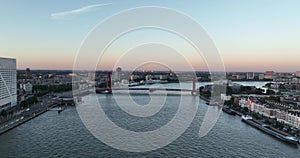 Aerial drone view of the Willemsbrug cable strayed bridge over the Nieuwe Maas.