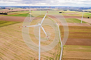 Aerial drone view on wind electricity generator