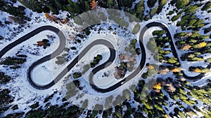 Aerial drone view winding mountain road between autumn trees and snow spruce forest. Serpentine snake road in Italian
