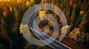 Aerial drone view of a winding road among a beautiful autumn forest at sunset. Generative AI