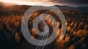 Aerial drone view of a winding road among a beautiful autumn forest at sunset. Generative AI