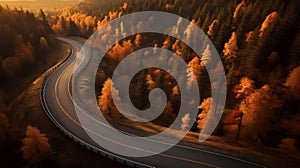 Aerial drone view of a winding road among a beautiful autumn forest at sunset. Generative AI