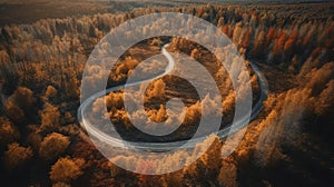 Aerial drone view of a winding road among a beautiful autumn forest at sunset. Generative AI