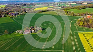 Aerial drone view of yellow rapeseed fields in German countryside