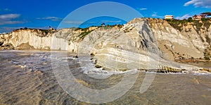 Aerial drone viewpoint on Stair of the Turks. Scala dei Turchi is a rocky cliff on the southern coast of Sicily, Italy